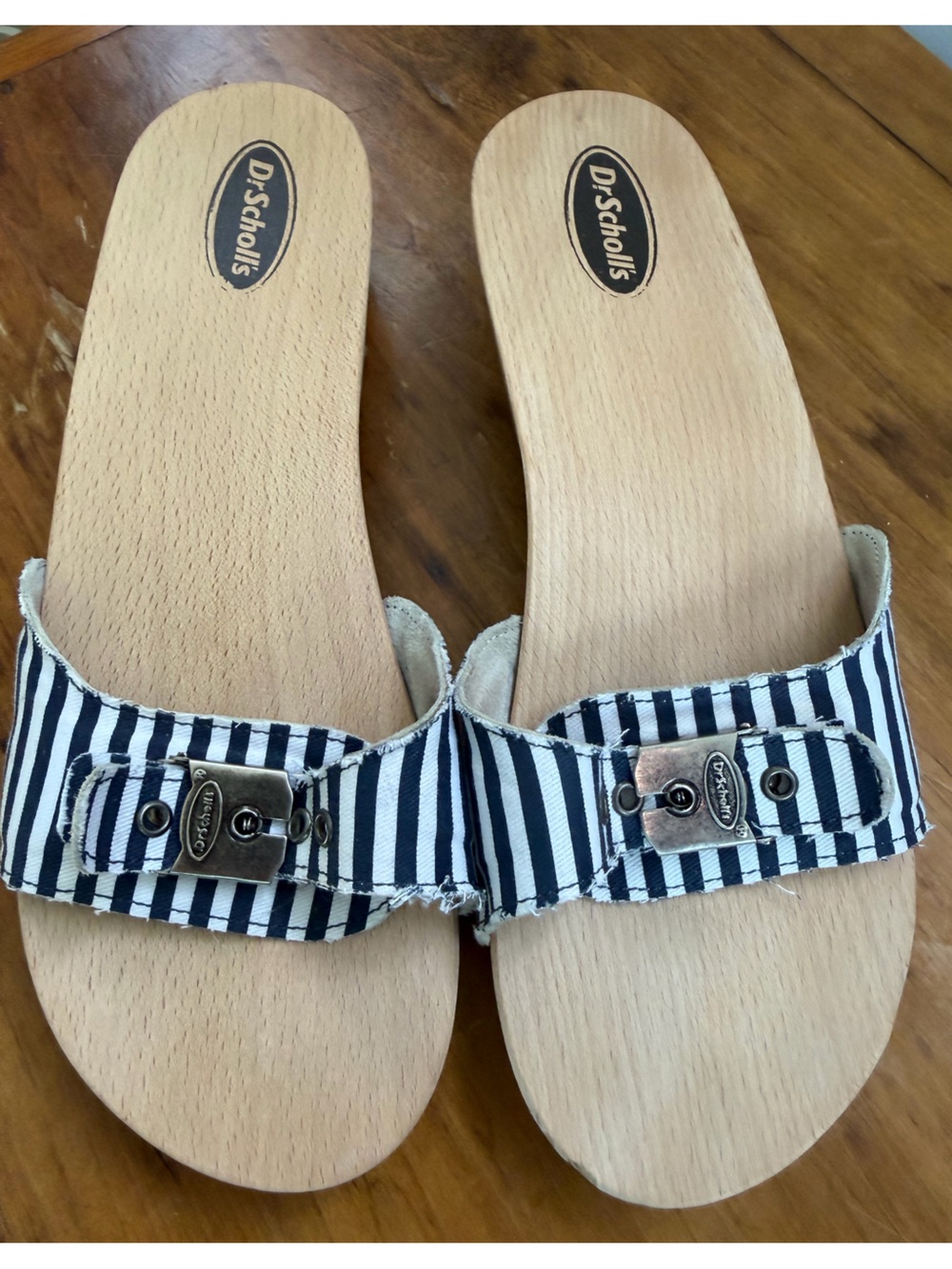 Dr. Scholl's Navy and White Striped Slide Sandals with Buckle Sz 10